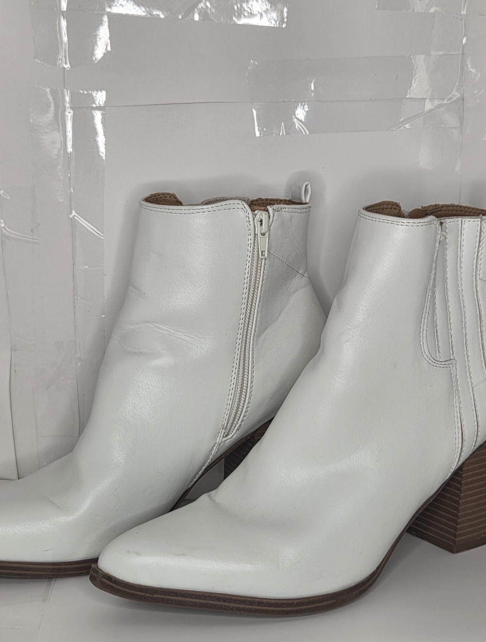 White Leather Ankle Booties with Stacked Heel